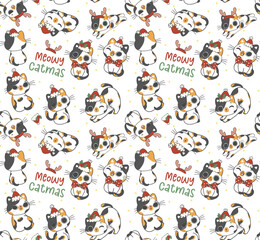 Cute pattern seamless background funny Santa Calico kitten cats Christmas animal cartoon doodle drawing isolated on white background