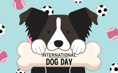 Cute border collie dog holding bone with toys in background. International dog day or world dog day banner or poster vector illustration.