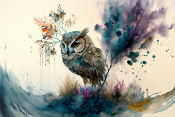  Beautiful owl illustrated as a water painting