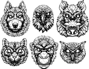 Black and white hand drawn face of monkey, cat, owl, crow, pig, dog. Vector illustration mascot art.