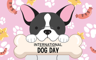 Obraz na płótnie Canvas Cute french bulldog holding bone. International dog day or world dog day banner poster vector illustration.