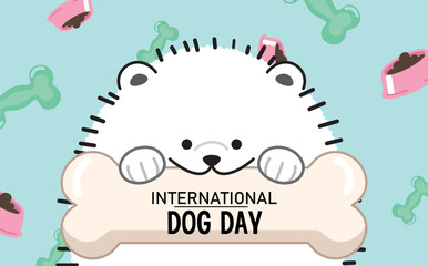Cute pomeranian dog holding bone. World dog day or international dog day celebration poster or banner with text. Vector illustration.