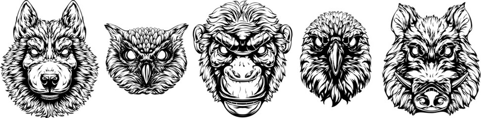 Obraz premium Black and white hand drawn face of monkey, owl, crow, pig, dog. Vector illustration mascot art.