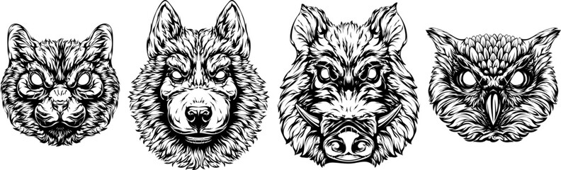 Obraz premium Black and white hand drawn face of cat, owl, pig, dog. Vector illustration mascot art.