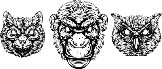 Head of cat, monkey, owl. Abstract character illustrations. Graphic logo design template for emblem, mascot. Image of portraits.