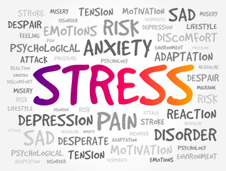Stress - any type of change that causes physical, emotional or psychological strain, word cloud concept background