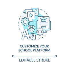 Customize your school platform blue concept icon. Launching school LMS abstract idea thin line illustration. Isolated outline drawing. Editable stroke. Arial, Myriad Pro-Bold fonts used