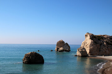 Fototapeta na wymiar Rock of Aphrodite, or Petra Tou Romiou, is one of the most famous landmarks on the island, Cyprus