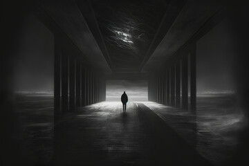 Fototapeta premium silhouette of a person walking in a tunnel, deep dark depression, inside void, lonelyness, generative ai