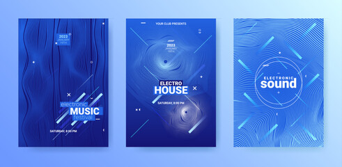 Techno Sound Flyer Set. Electro Dance Poster. Music Party Cover. Vector 3d Background. Abstract Techno Sound Flyers. Geometric Festiv Banner. Gradient Wave Line. Edm Techno Sound Flyer.