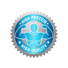 Badge of high protein. Silver and blue high quality rubber stamp. Design elements for labels, stickers, banners, posters for food and health business. Vector illustration.