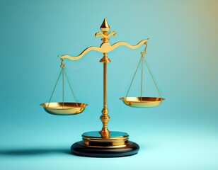 Golden scales of justice on the blue background. Justice concept. Generative ai