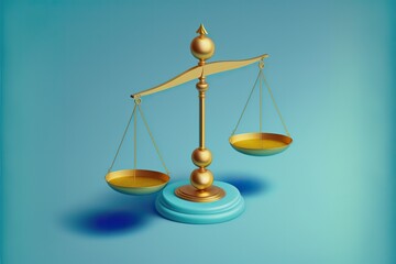 Golden scales of justice on the blue background. Justice concept. Generative ai