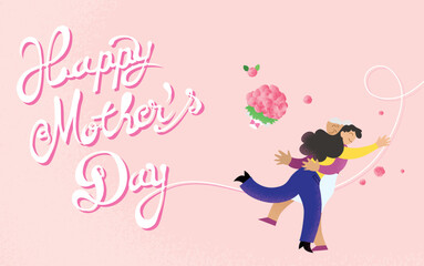 Happy mother's day card celebration vector illustration. Daughter and mother hugging. Removable cursive text. Young woman jumping in the arms of her old mother with a bouquet of flowers as present.
