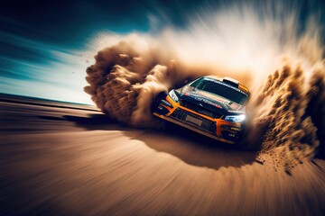Rally car riding on high speed at the dirt track. Generative art