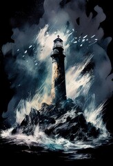 Lighthouse on the rock and breaking waves. Colorful watercolor illustration on black background. Generative art.