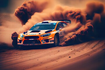 Fototapeta na wymiar Rally car riding on high speed at the dirt track. Generative art
