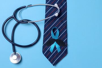 Light blue ribbon with mustache on tie with stethoscope isolated on blue background , Prostate Cancer Awareness, Men health awareness, Movember November Blue.