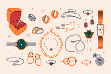 Jewelry set. Cartoon gold silver watch earrings chain ring bracelet locket, luxury precious accessories. Vector bundle