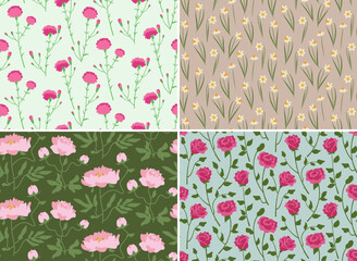 Set of seamless patterns with garden flowers. Beautiful nature textures in flat style.