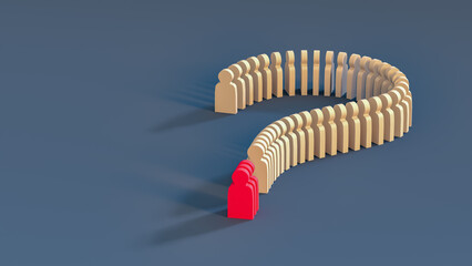 Wooden figures of men lined up in the form of a question mark. Place for text or logo. 3d rendering