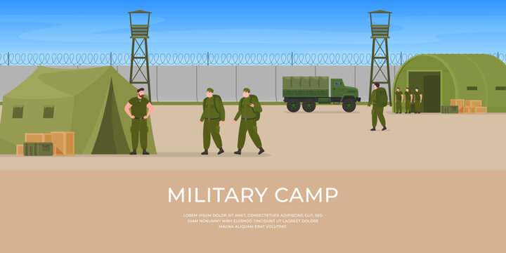 Military camp. Military armored vehicles and aviation equipment soldiers. Equipment for attack and defense of the country. Vector illustration on white background.