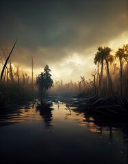 Polluted swamp landscape with trees.