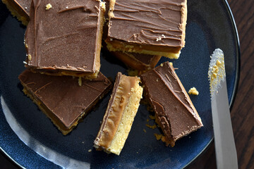 Millionaire's shortbread with chocolate and caramel on a plate.