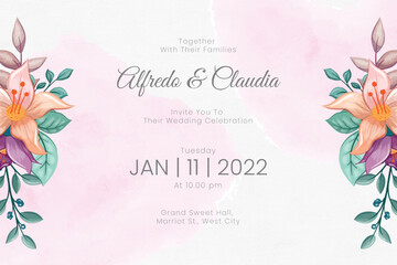 Wedding invitation template with watercolor flowers