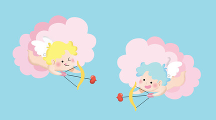Obraz premium Valentine's Day vector flat illlustration. Cute cupid isolated holding a bow with a heart-shaped arrow.