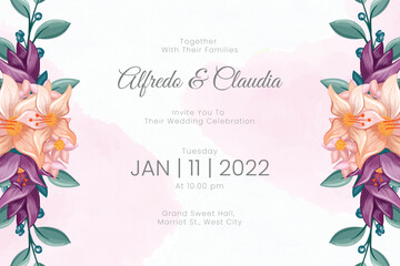 Wedding invitation template with watercolor flowers