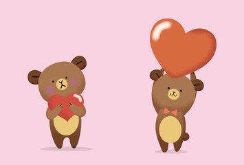 Saint Valentine's Day vector flat illustration. Set of cute teddybears isolated holding red hearts. 