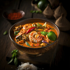 Thai cuisine, red curry with shrimp, prawns, classic delicious thai dish