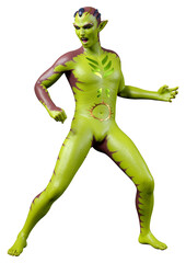 3D Rendering Green Alien on White