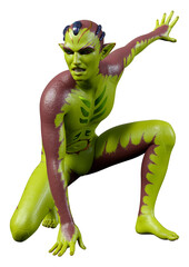 3D Rendering Green Alien on White
