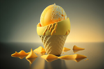Delicious mango ice cream with waffle cone, illustration created by generative AI.