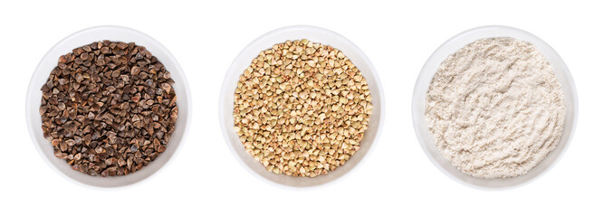 Buckwheat seeds, grains and ground into flour, in white bowls. Seeds with husks, hulled and milled. Fagopyrum esculentum, Japanese or silverhull buckwheat, gluten-free pseudocereal, wheat substitute.