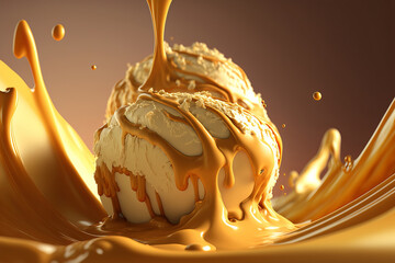 Closeup vanilla ice cream balls pouring caramel sauce with almond pieces, illustration created by generative AI.