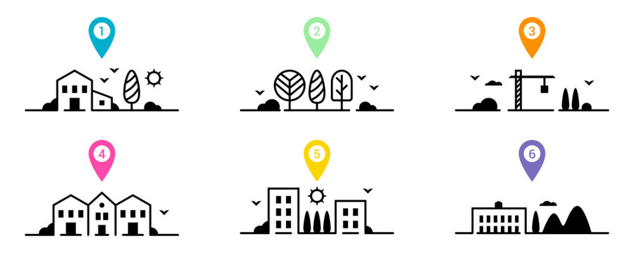 Illustration vecteur pictogrammes avec ic&ocirc;nes de g&eacute;olocalisation, b&acirc;timents et paysages pour carte interactive, r&eacute;sidence immeuble parc arbre, &eacute;l&eacute;ment graphique pour support de communication
