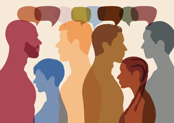 People with diverse backgrounds are coloured by immigration and crowds. Globalisation and Diversity. A multi-ethnic population that communicates and shares ideas. Disorganisation and confusion. Vector