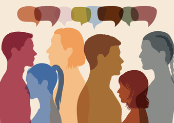 Group of people talking, with speech bubbles in the background. Using social networking to communicate. People conversing with each other. Profile with multiple colours. Vector Illustration