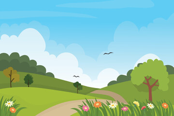 Countryside nature landscape cartoon  background with green grass, tree, hill, road and flowers