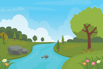 Obraz na płótnie Canvas Countryside nature landscape cartoon background with river, stone, green grass, tree, hill, road and flowers
