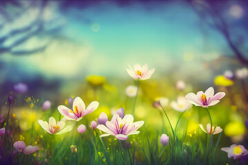 Fototapeta na wymiar spring meadow with flowers, generative ai illustration