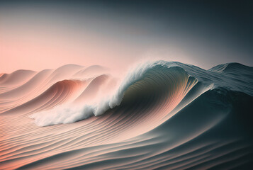 Big wave breaking over the horizon in the ocean at sunset, Surreal background illustration, Generative AI