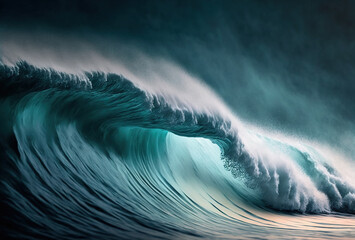 Big wave breaking over the horizon in the ocean at sunset, Surreal background illustration, Generative AI