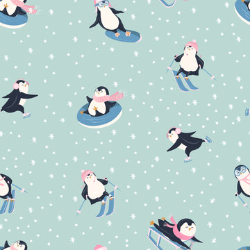 Seamless pattern with penguins on a snowing background