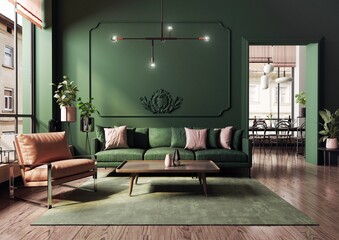 Nowoczesne i przestronne  mieszkanie w starej kamienicy. Elegancki i luksusowy salon z wygodną sofą i fotelem zaprojektowany w stylu klasycznym,  vintage i mid-century modern w ciemno zielonym kolorze - obrazy, fototapety, plakaty