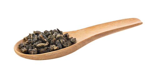 Dry tea leaves in wood spoon  isolated on transparent png