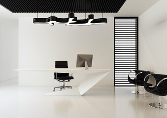 Nowoczesne i minimalistyczne wnętrze biurowej recepcji, zaprojektowane w białym i czarnym kolorze, z dużą geometryczną ladą oraz modnym krzesłami dla czekających. 